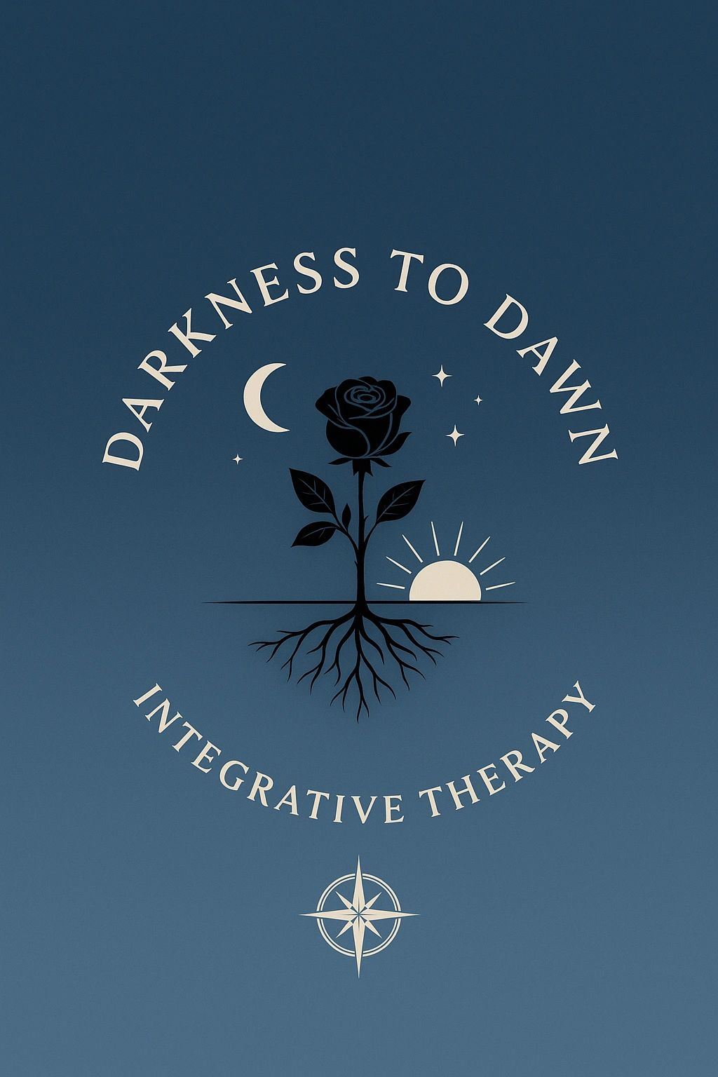 Logo with a rose, moon, sun, and text for integrative therapy.