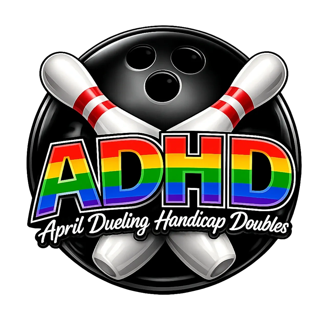 Bowling themed logo with rainbow ADHD text and crossed pins.