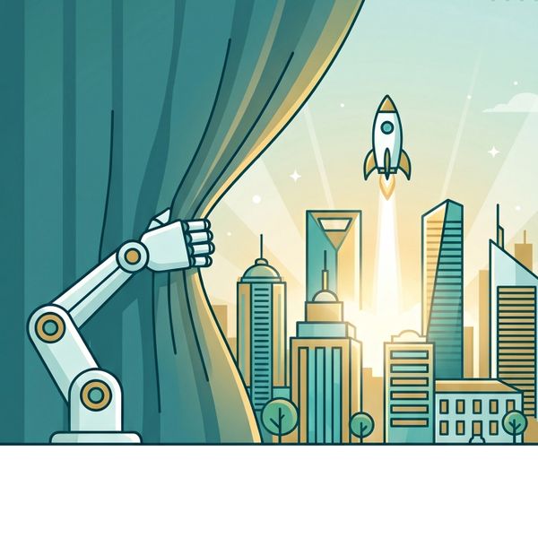 A robotic arm opens a curtain to reveal a rocket launching over a futuristic city skyline.