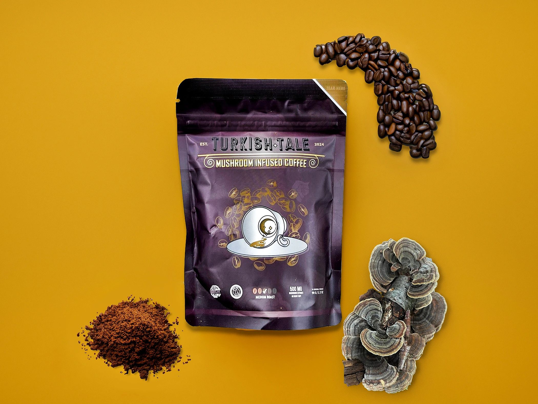 Turkish Tale mushroom infused coffee with coffee beans, ground coffee, and mushrooms.