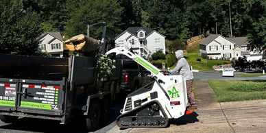 A worker uses a skid steer loader to lift a large log into a dump truck on a sunny day.