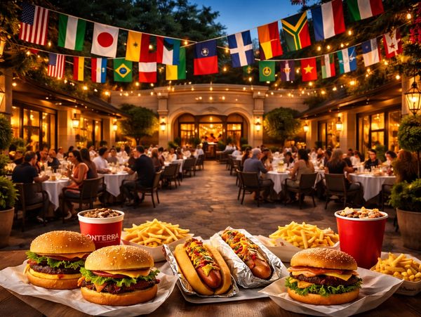 Outdoor dining with burgers, hot dogs, fries, and drinks under international flags at dusk.