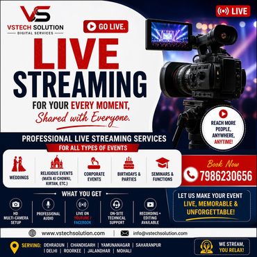 Professional live streaming services for weddings, events, and corporate functions with multi-camera setup and 24/7 support.
