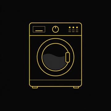 Yellow line art of a washing machine on a black background.