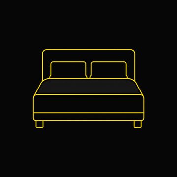 Minimalist yellow line art of a bed on a black background.