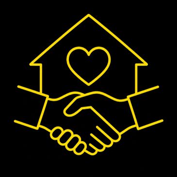 Yellow handshake with heart inside a house outline on black background.