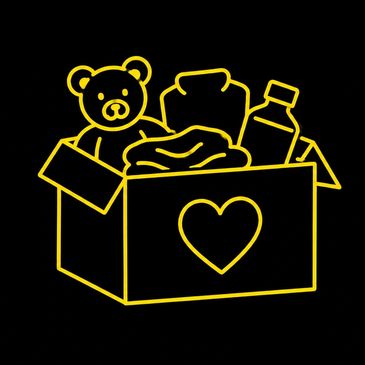 Yellow line art of a charity box with items and a heart symbol on black.
