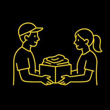Two people exchanging a box with folded clothes.