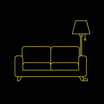 Minimalist yellow outline of a sofa with a floor lamp on a black background.
