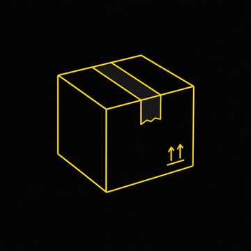 Yellow outlined cardboard box with tape on a black background.