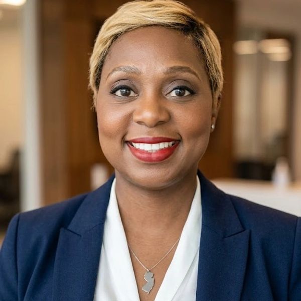 Confident woman in professional attire smiling warmly.