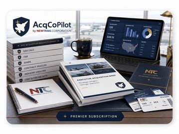 Work desk with AcqCoPilot research materials and laptop dashboard.
