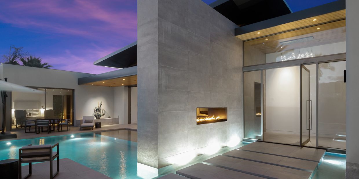 Pool, Floating steps, Modern, Pivot Door, Fire feature