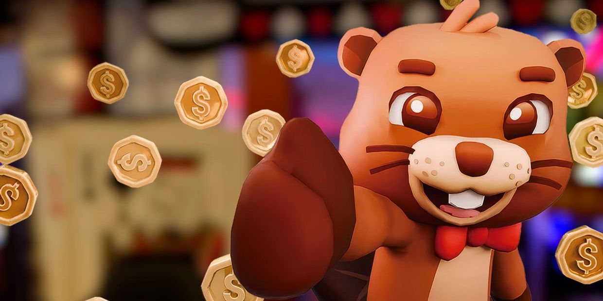 Personaje de castor animado con monedas flotando.
