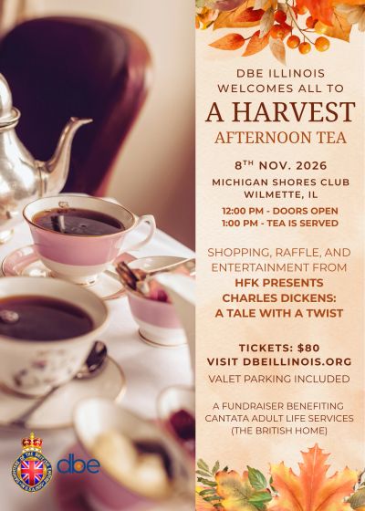 Invitation to a harvest afternoon tea event on Nov 8, 2026, in Wilmette, IL.