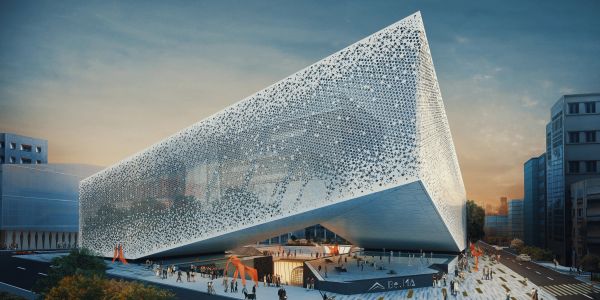 Angular white museum building rendering
