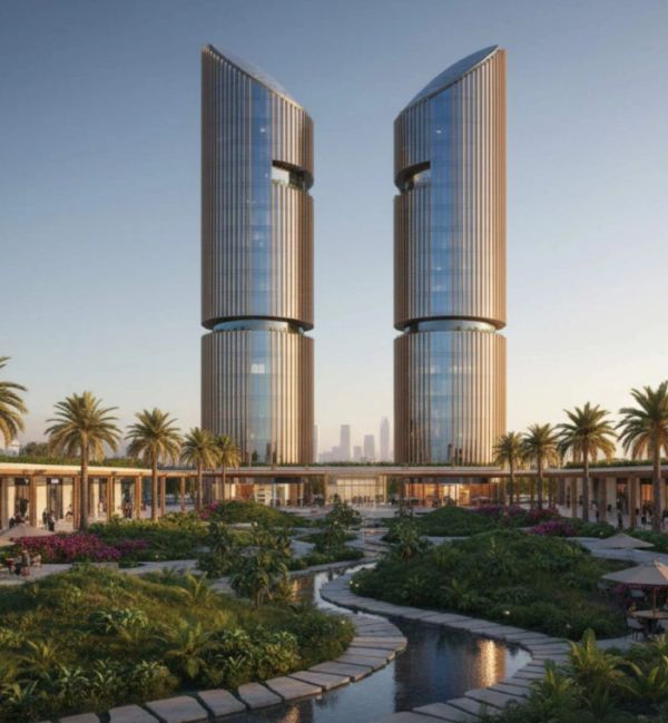 Two modern glass towers with a lush garden and water feature in front.