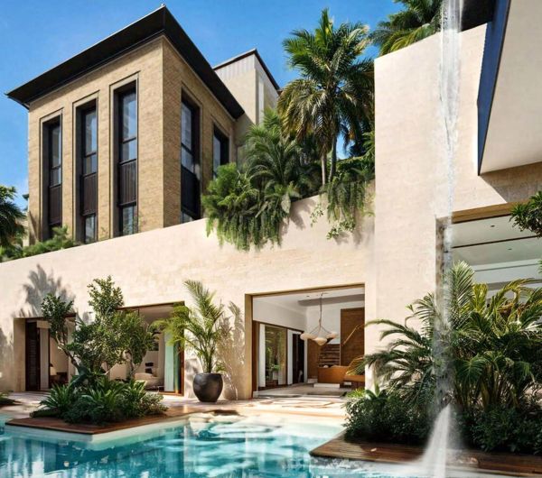 Modern house with pool and lush greenery.
