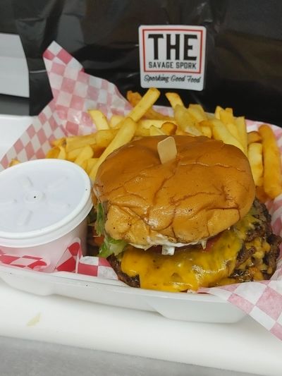 The Mew Burger - triple meat triple cheese topped the way you want served with fries and a drink