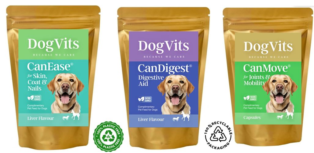 Dogvits products CanEase, CanDigest, Canmove, in Gold pouches. Plastic free and recylable packaging
