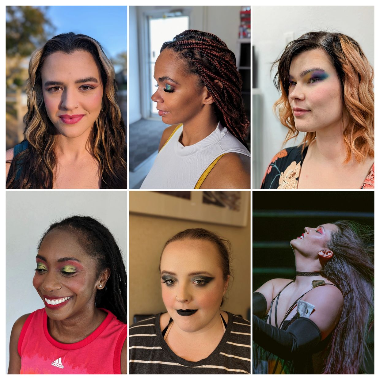 Models wearing colorful and vibrant makeup on various skin tones and eye shapes