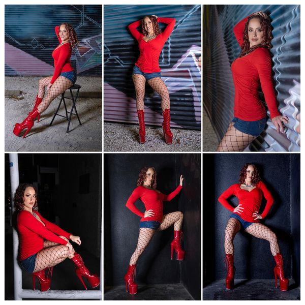 Modeling photos of Jessa Jaguar in a red shirt jean shorts fishnet tights and red platform boots