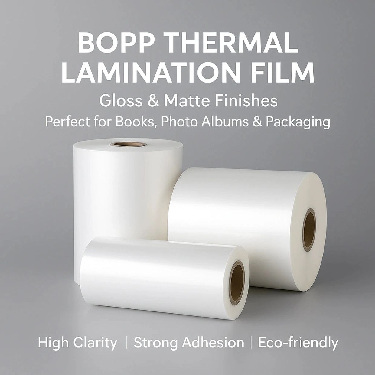 BOPP thermal lamination film rolls with gloss and matte finishes.