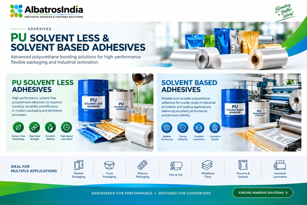 AlbatrosIndia offers PU solvent less and solvent based adhesives for flexible packaging and industrial lamination.