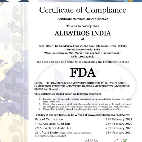 Certificate of compliance for Albatros India confirming FDA requirements.