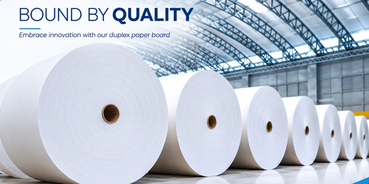 Large rolls of duplex paper board in a warehouse.