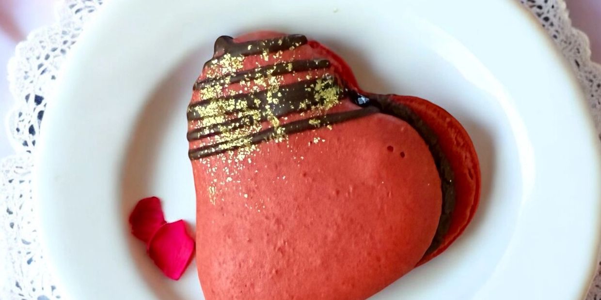 Heart Shaped Strawberry and Chocolate filled Macarons.