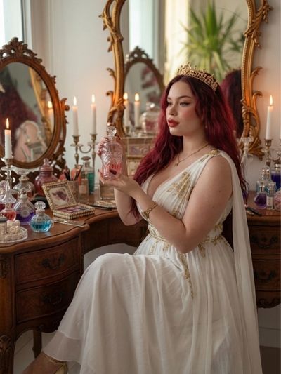 Mujer con vestido blanco y corona dorada sosteniendo un frasco de perfume frente a tocador con espejos, velas y frascos decorativos