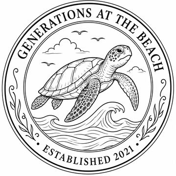 Black and white logo with a sea turtle and ocean waves, text 'Generations at the Beach, Established 2021'.