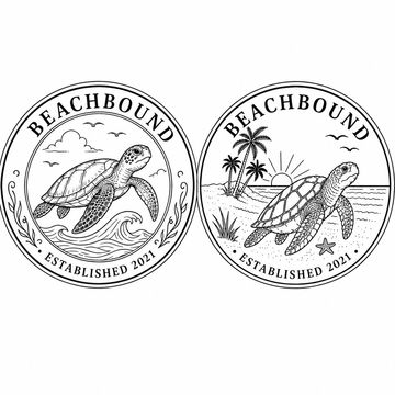 Two black-and-white circular beach-themed turtle logos.