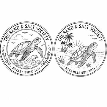 Two circular logos featuring sea turtles and coastal scenes for The Sand &amp; Salt Society.
