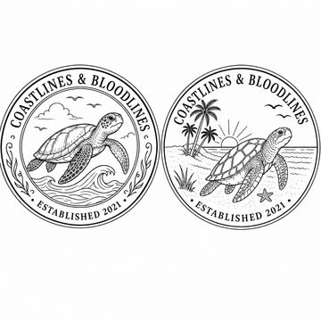 Two circular logos featuring sea turtles and coastal themes.