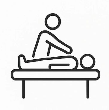 Line drawing of a person giving a massage to another lying on a table.