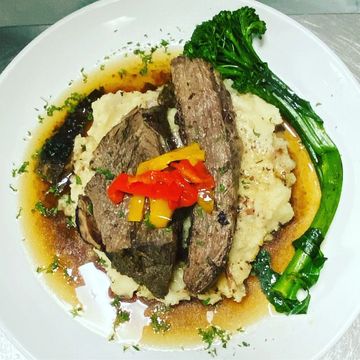 8oz Stuffed Roast Beef  Garlic Red Skin Mashed on Top and Charred Broccollini