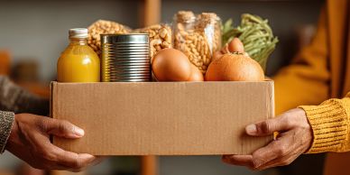 Hands holding a box of assorted groceries.