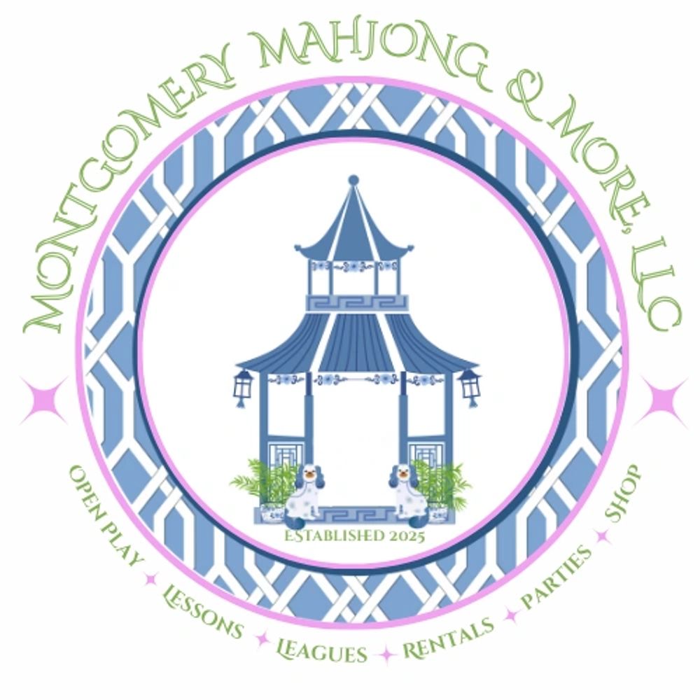 Logo for Montgomery Mahjong & More, LLC with a blue pagoda and services listed.