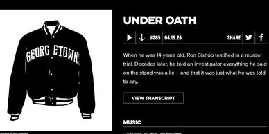 Black and white image of a Georgetown jacket with a story about Ron Bishop's false testimony.