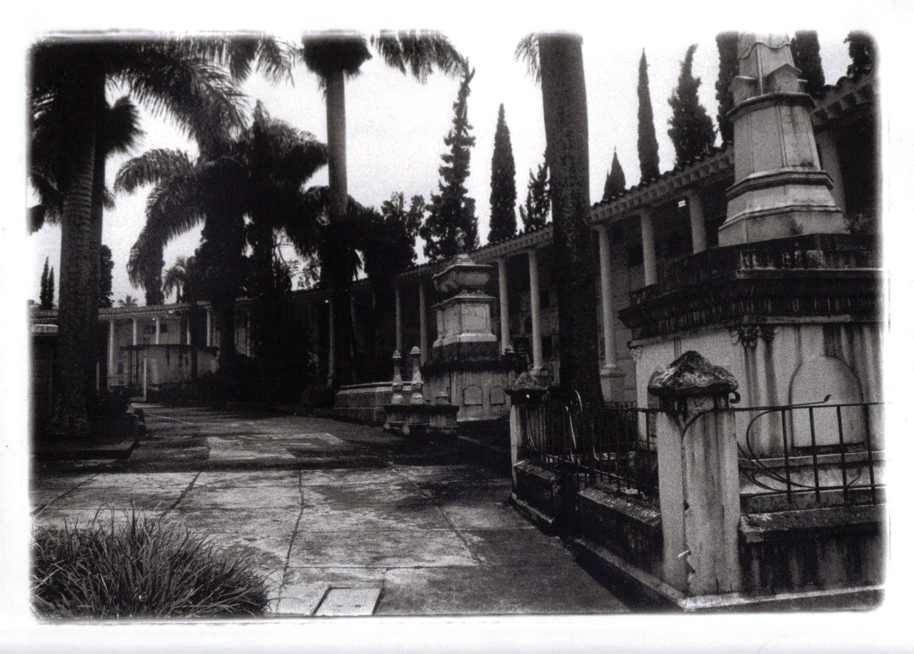 Black and white photo of a tropical mausoleum in the afternoon.