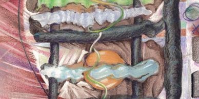Abstract painting with geometric shapes and organic forms in muted colors.