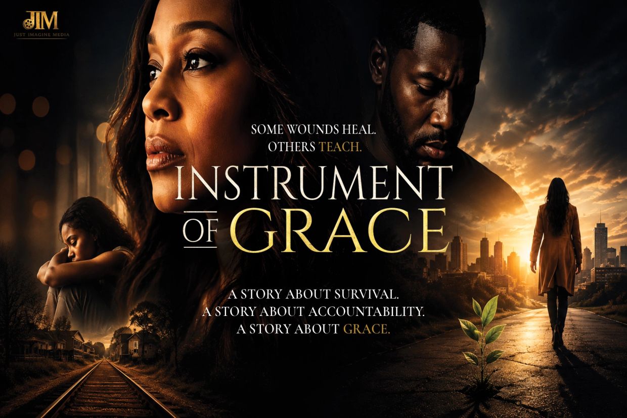 Movie poster for Instrument of Grace featuring intense characters and a glowing cityscape.