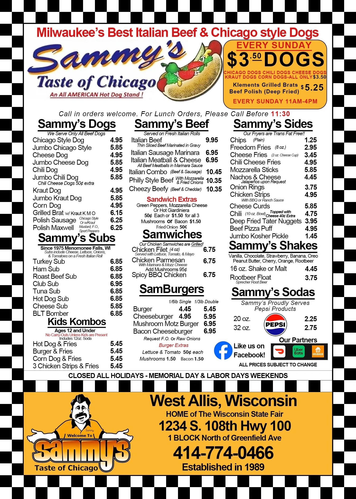 Menu of Sammy's Taste of Chicago featuring dogs, beef, sides, subs, shakes, and sodas.