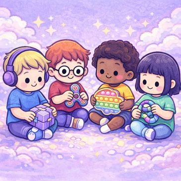 Crianças neurodiversas brincando com brinquedos sensoriais e fidget toys para se autorregular