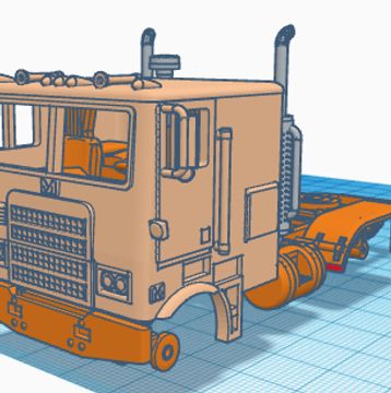 3D model of a semi-truck cab in beige and orange colors on a grid platform.