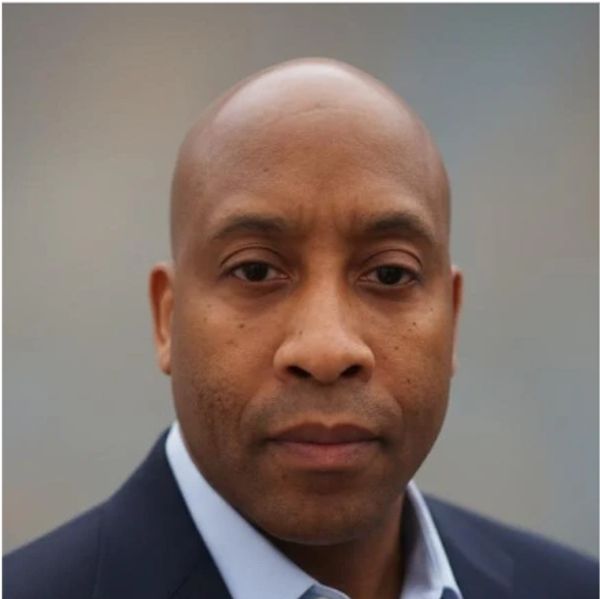 Portrait of a serious bald man in a suit with a neutral background.