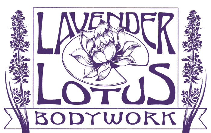 Purple logo with lotus flower and lavender sprigs for Lavender Lotus Bodywork.