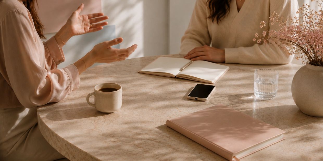 Two people having a conversation at a round table.